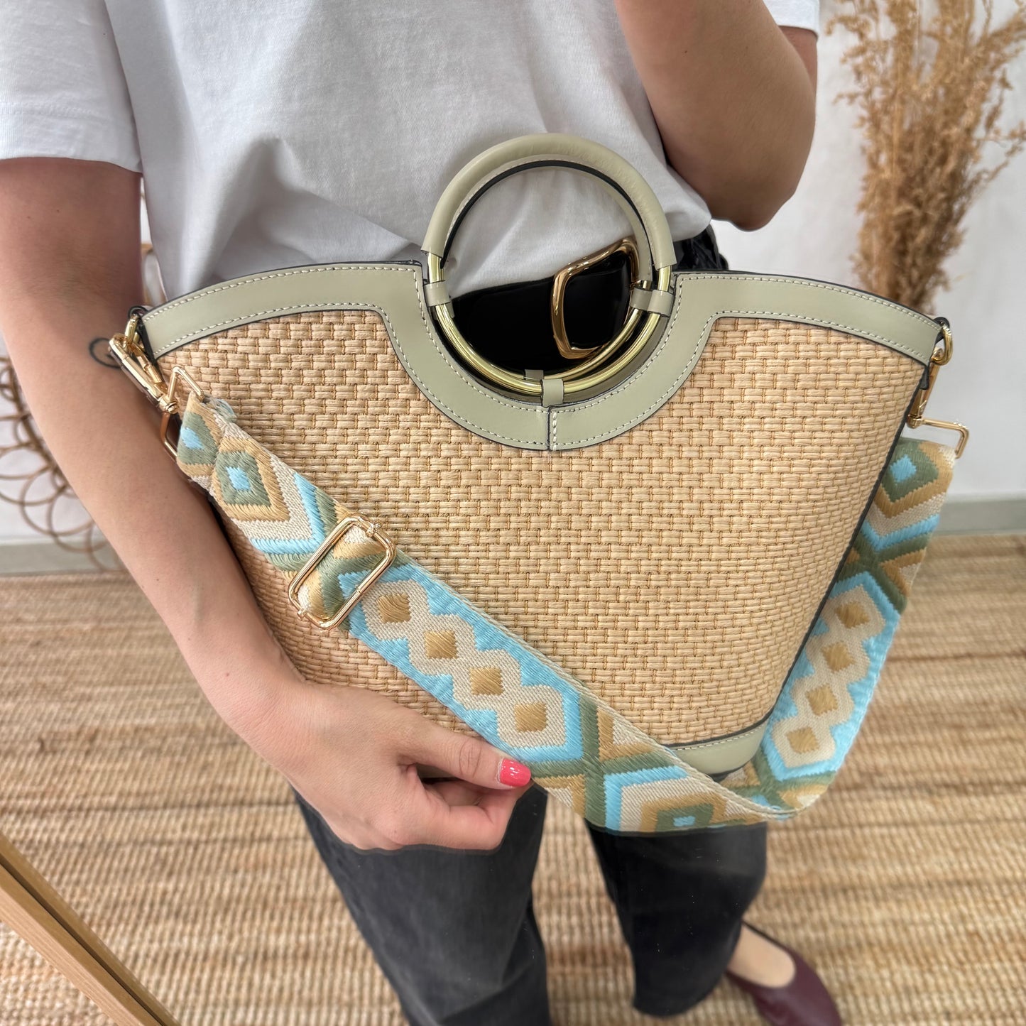 Bolso tote rafia beige/piel beige