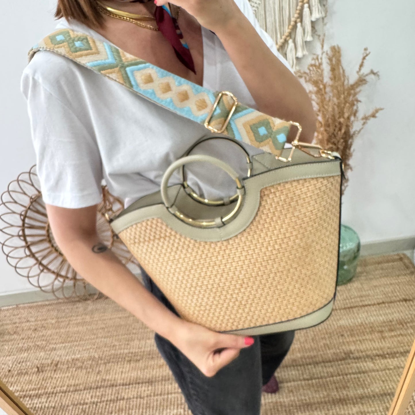 Bolso tote rafia beige/piel beige