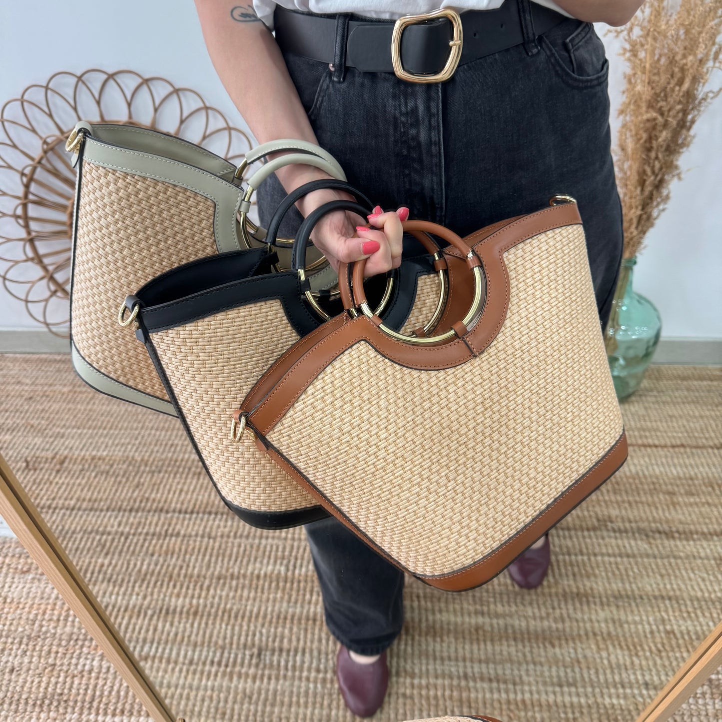 Bolso tote rafia beige/piel beige