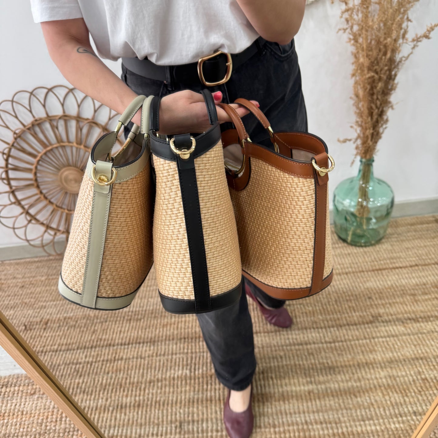Bolso tote rafia beige/piel negra