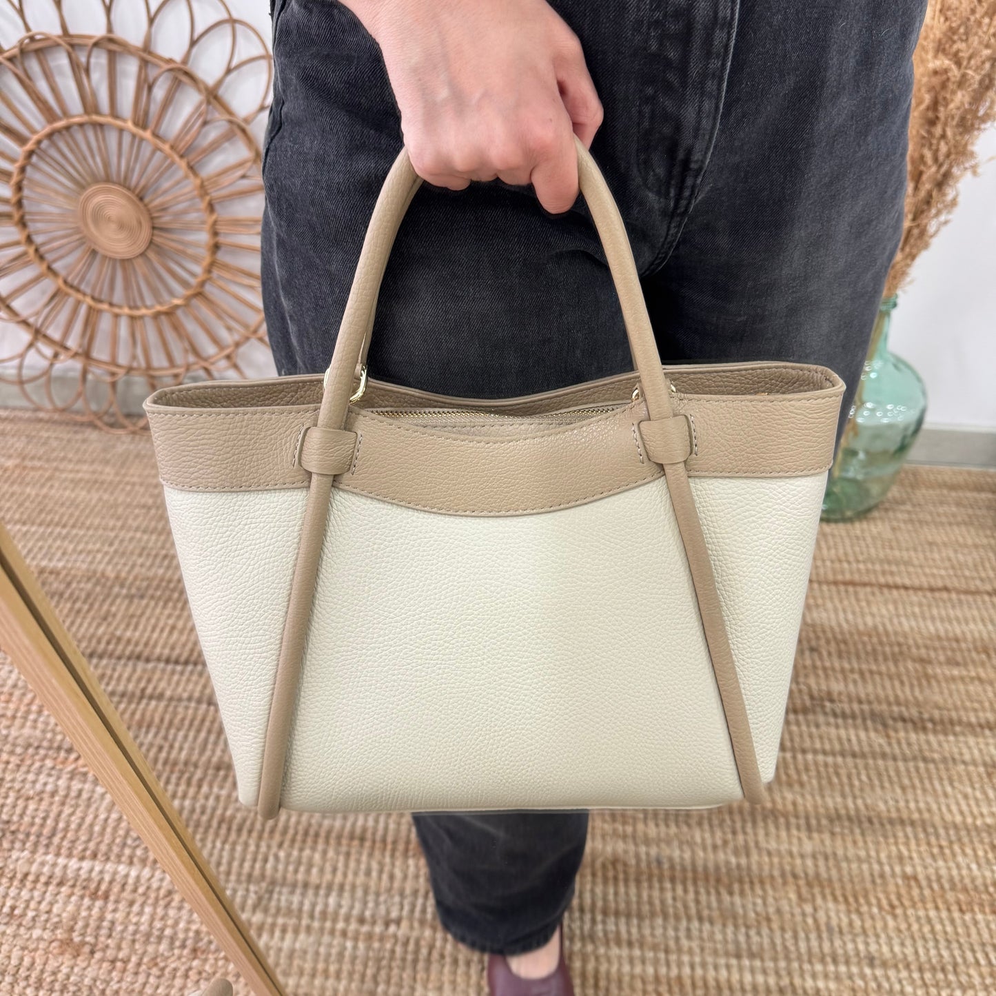 Bolso shopper piel beige/taupe