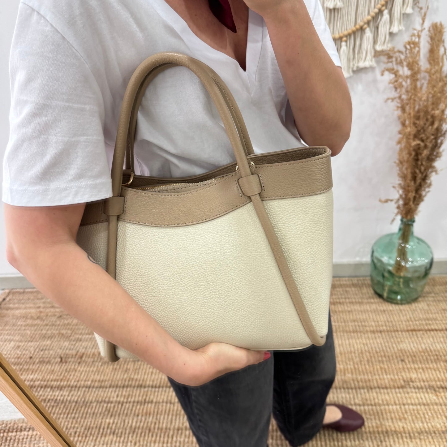 Bolso shopper piel beige/taupe