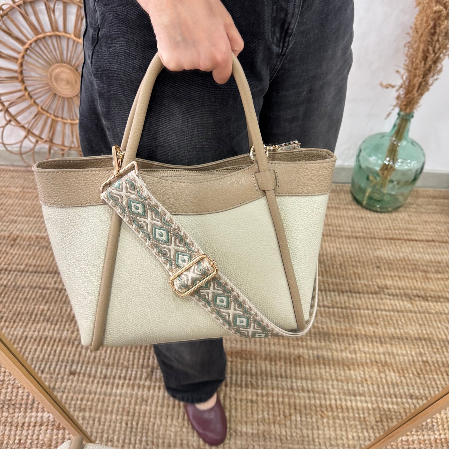 Bolso shopper piel beige/taupe