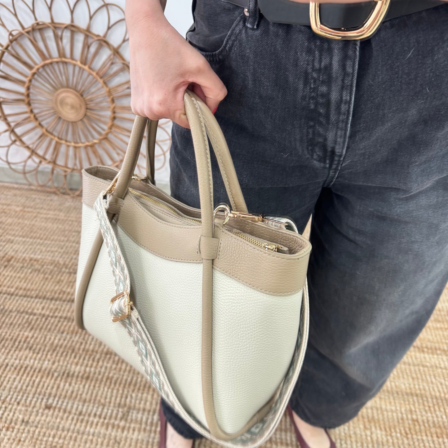 Bolso shopper piel beige/taupe