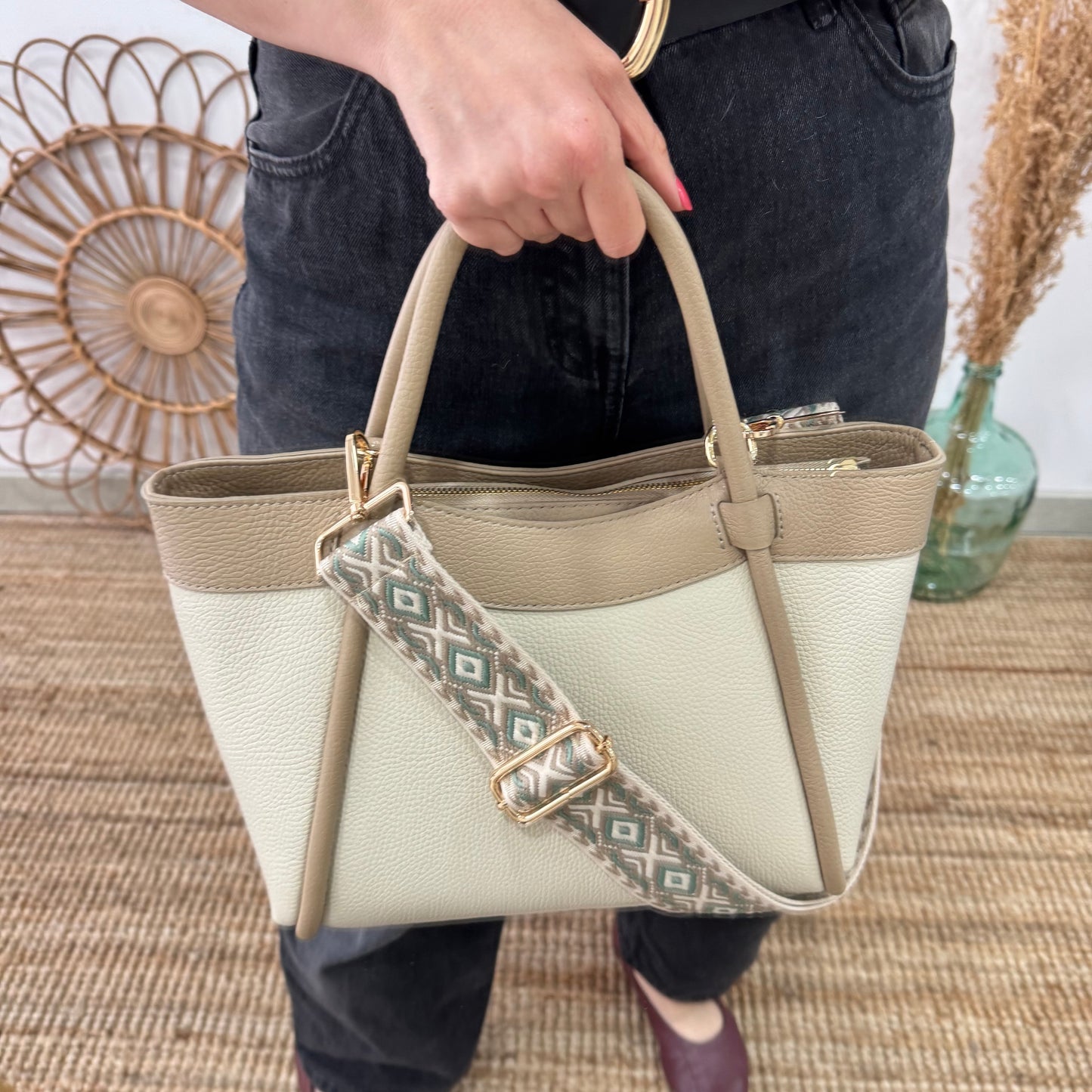 Bolso shopper piel beige/taupe
