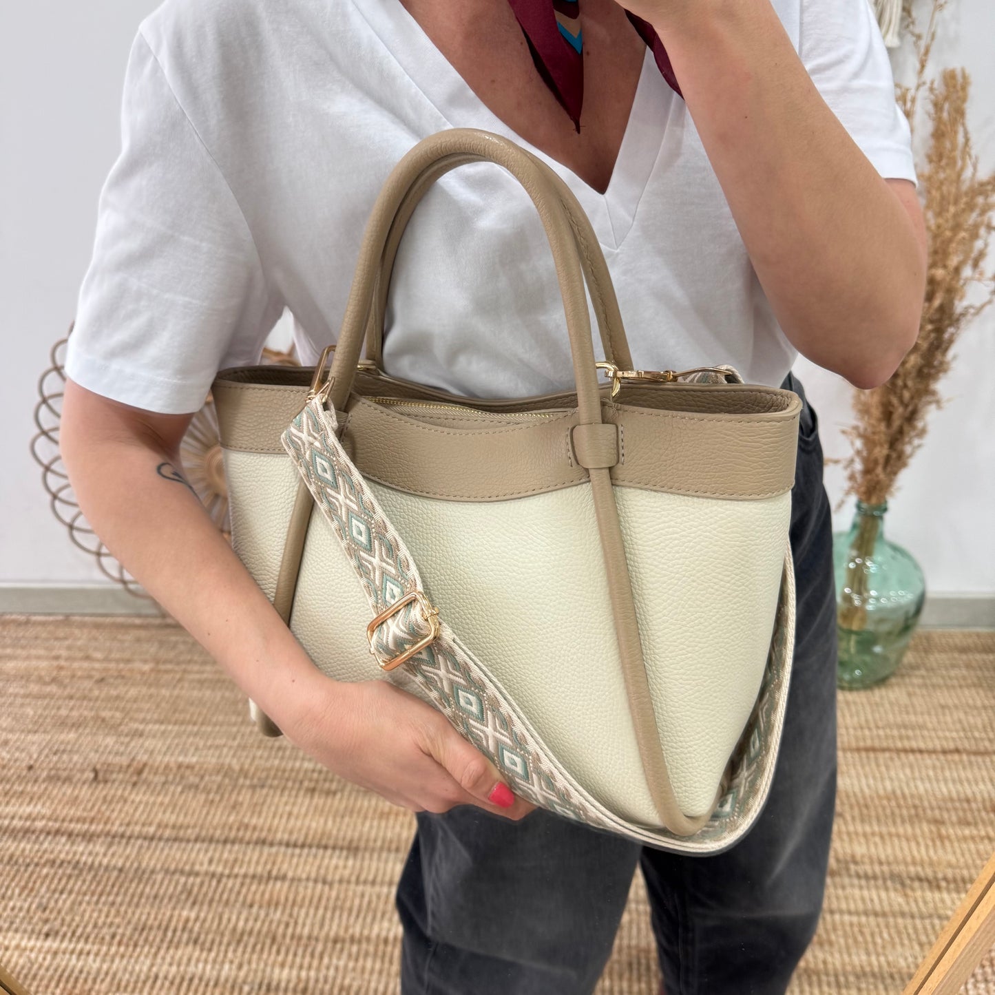 Bolso shopper piel beige/taupe