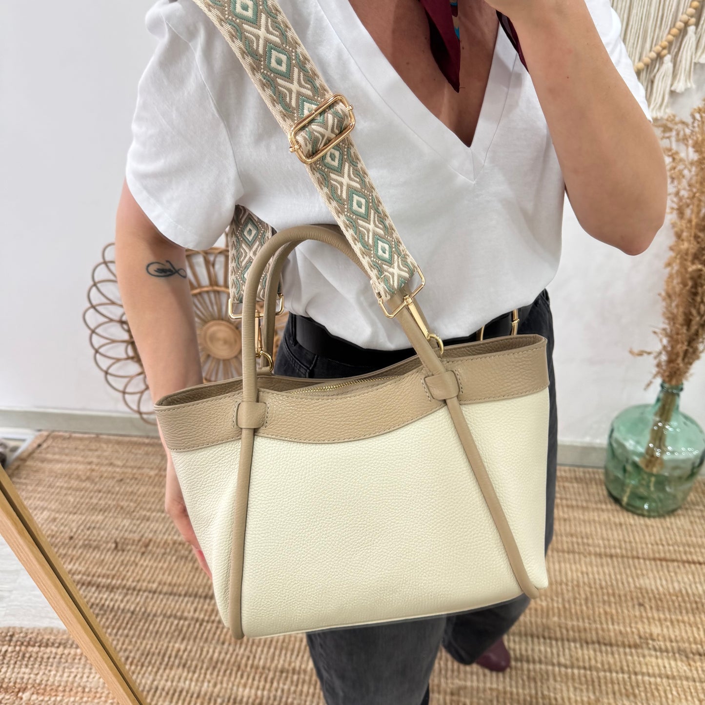 Bolso shopper piel beige/taupe