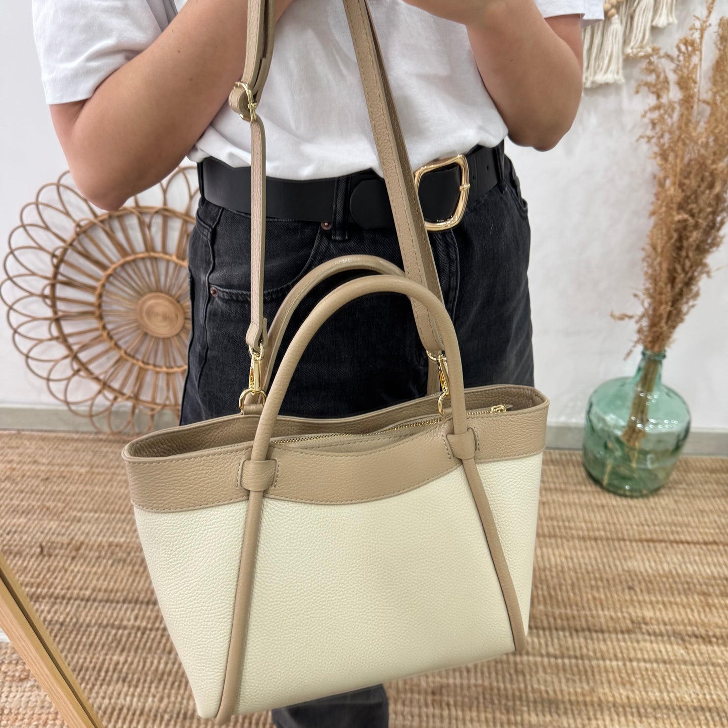 Bolso shopper piel beige/taupe