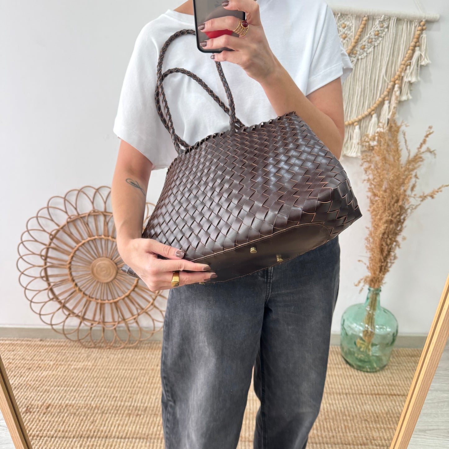 Bolso de piel trenzada trapecio marrón