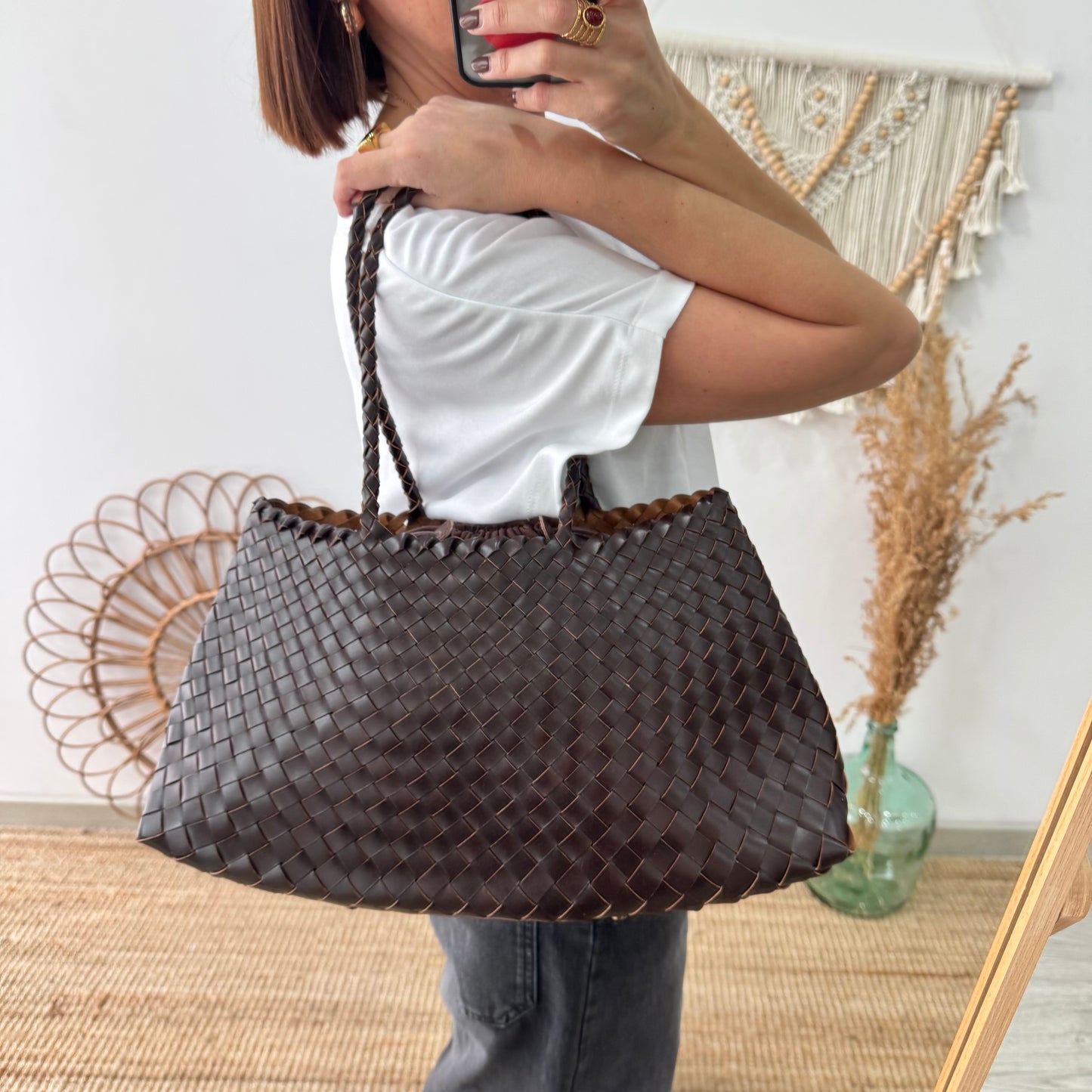 Bolso de piel trenzada trapecio marrón