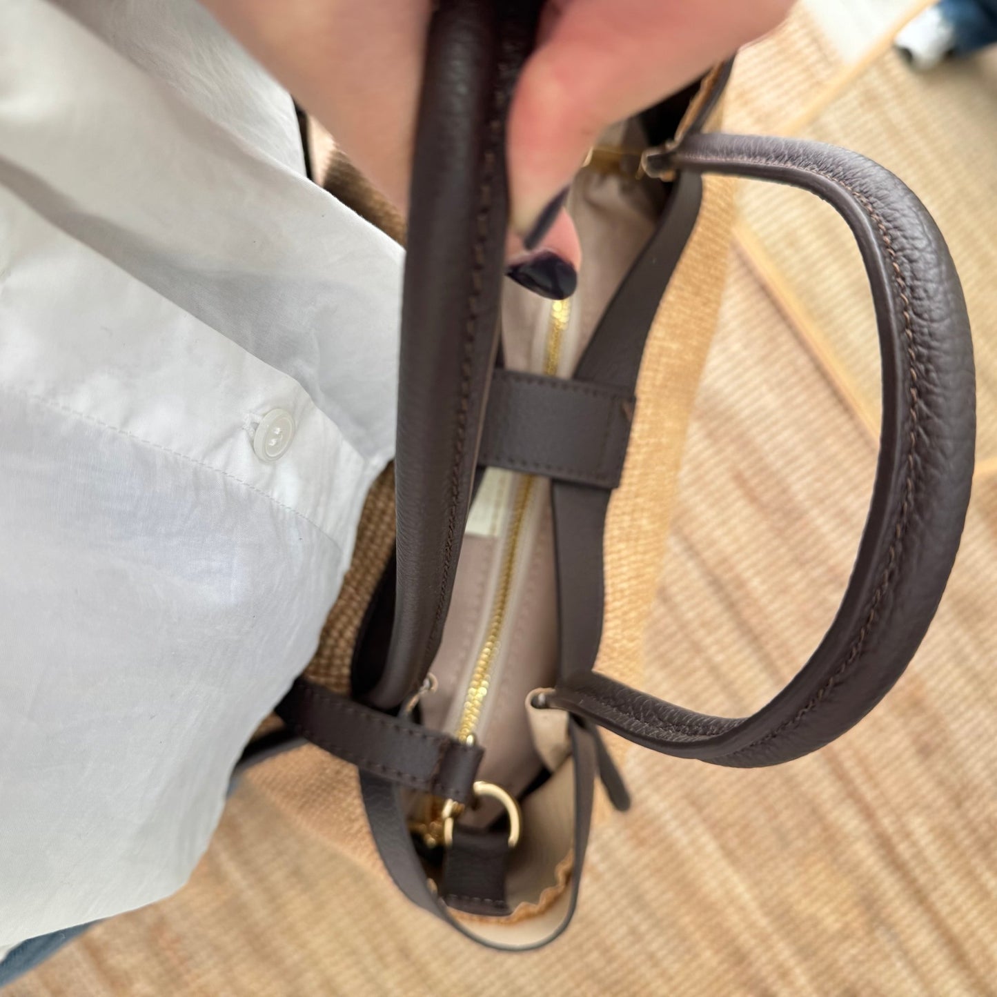 Bolso shopping piel y rafia marrón mediano - Bubbleshopbcn