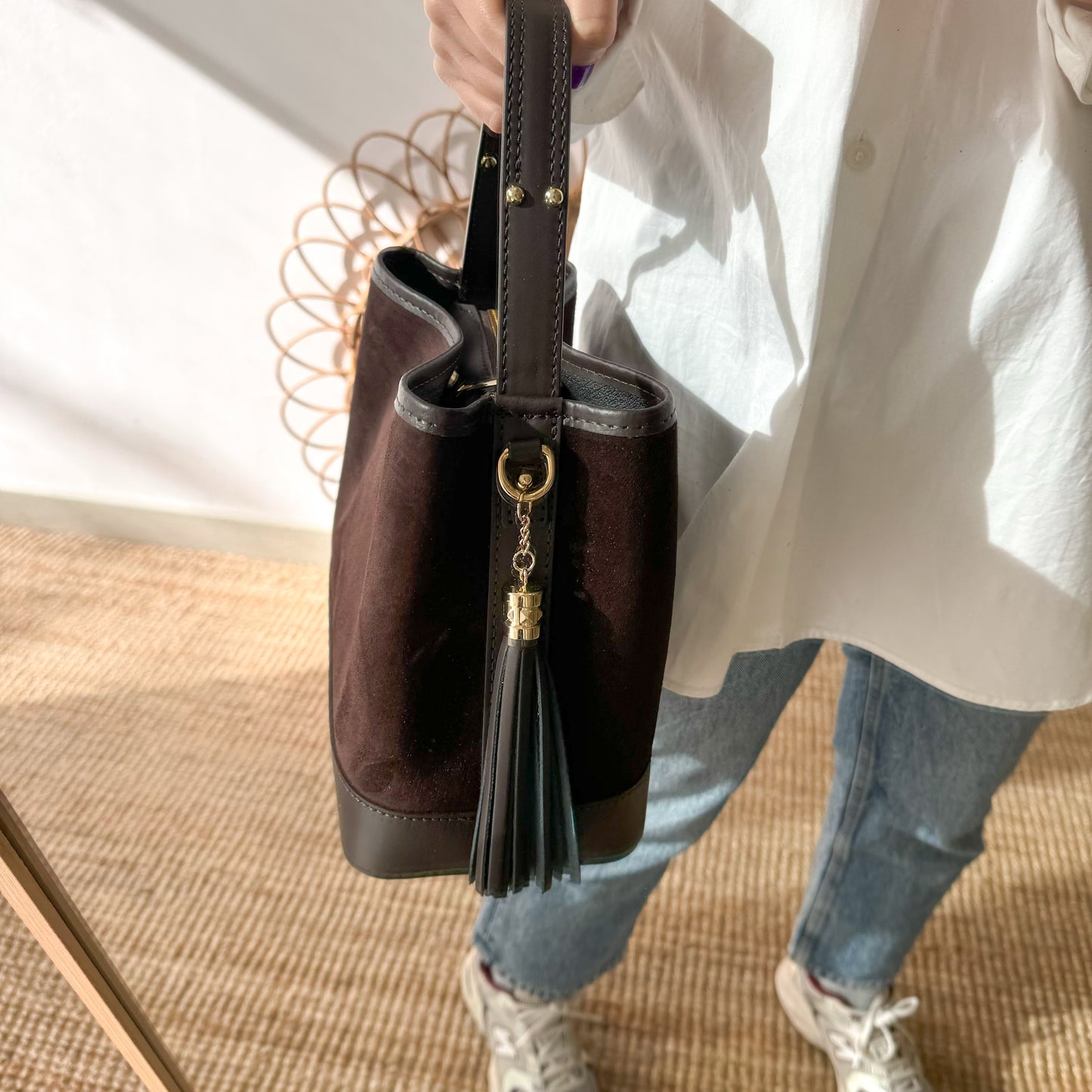 Bolso trapecio combinado serraje y piel marrón