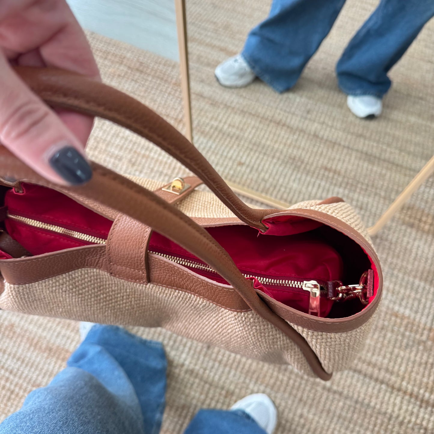 Bolso shopping piel y rafia camel