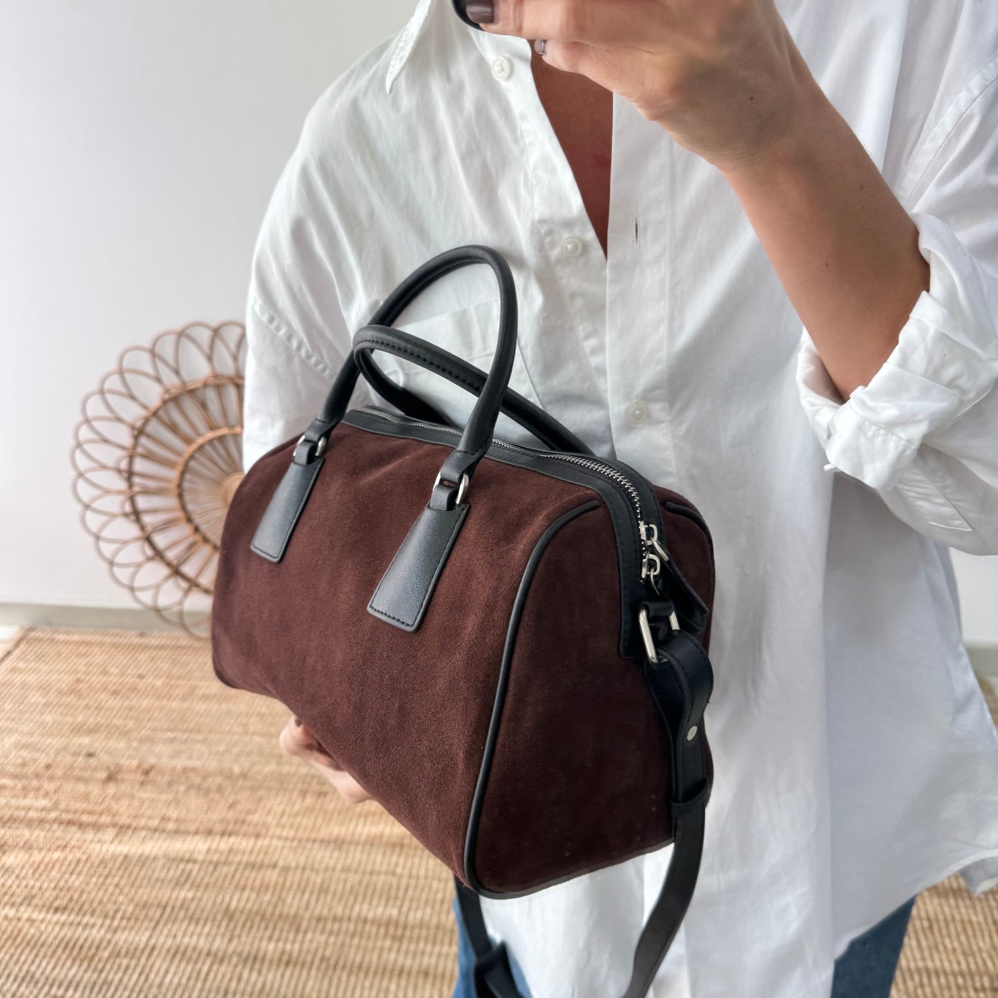 Bolso Bowling marrón chocolate Serraje y Piel