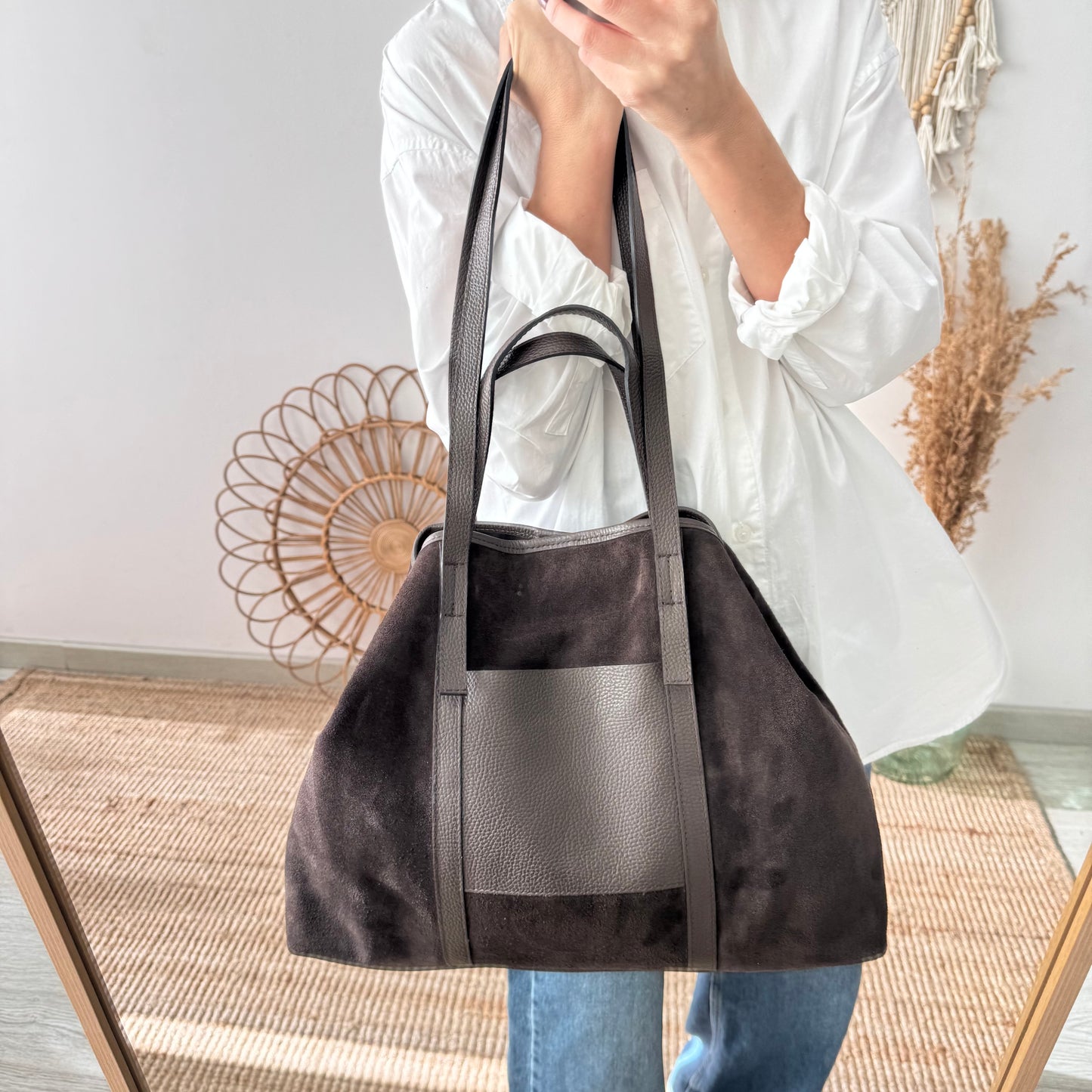 Bolso shopper bolsillo ante y piel marrón