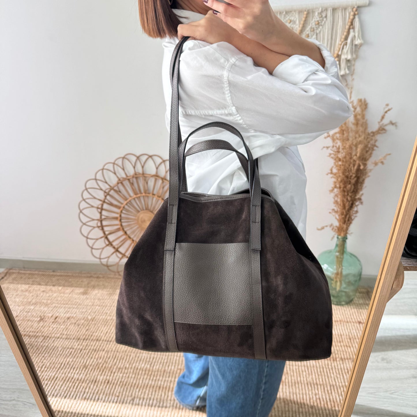 Bolso shopper bolsillo ante y piel marrón