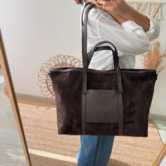 Bolso shopper bolsillo ante y piel marrón