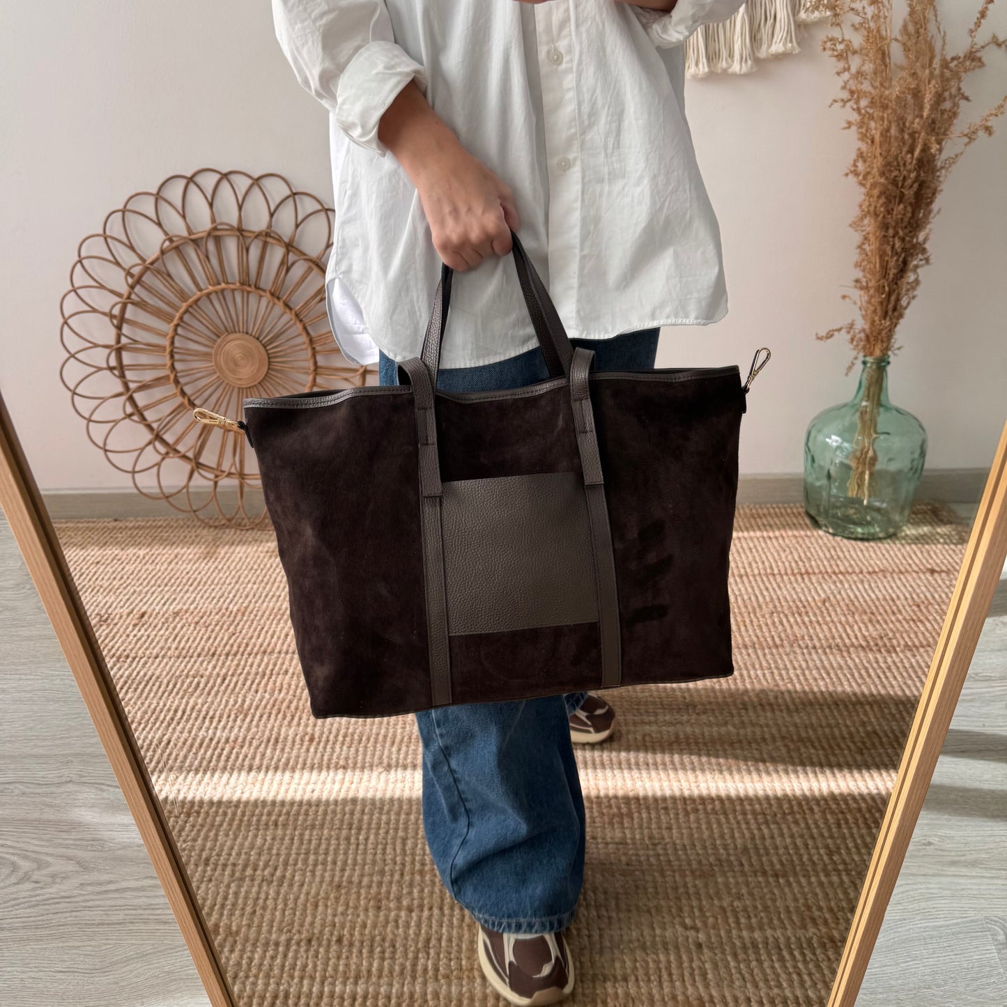 Bolso shopper bolsillo ante y piel marrón