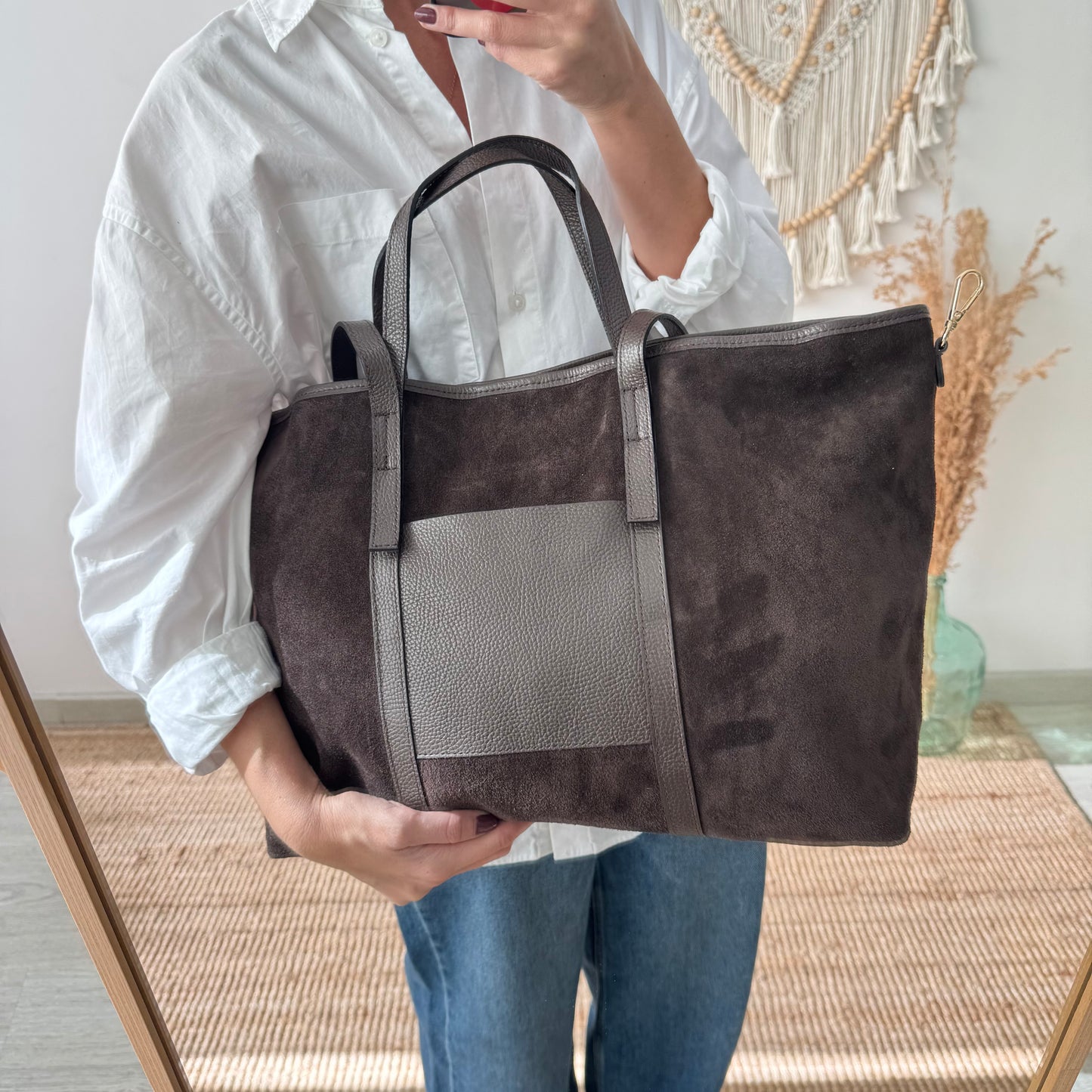 Bolso shopper bolsillo ante y piel marrón