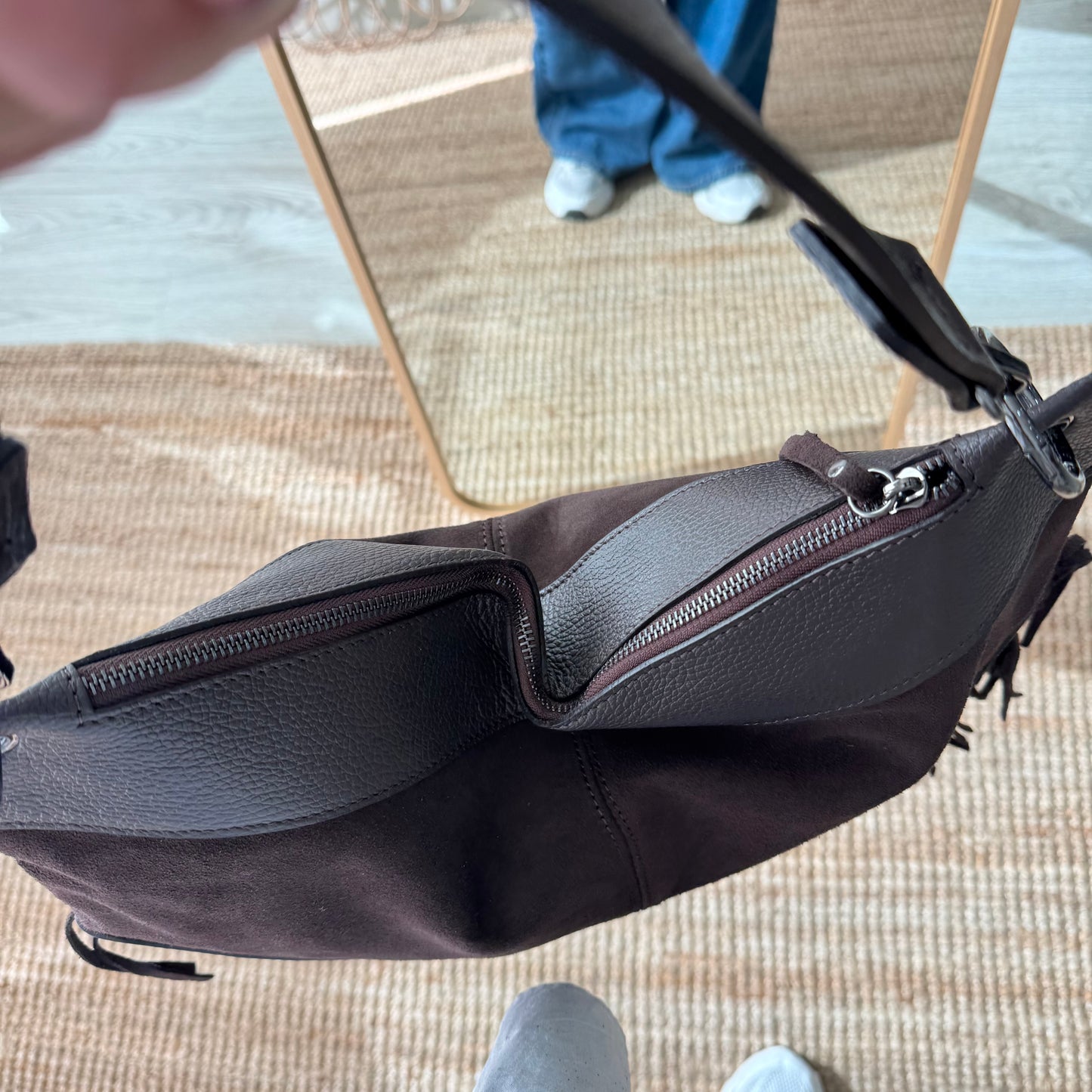 Bolso Hobo de Flecos en Piel y Serraje marrón