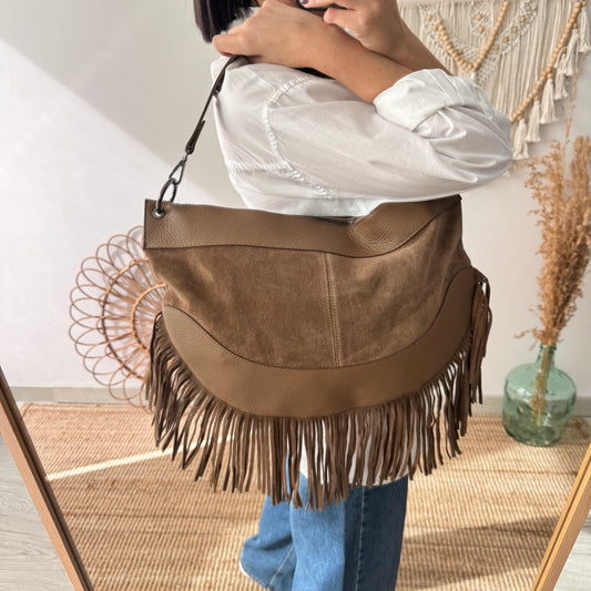 Bolso Hobo de Flecos en Piel y Serraje taupe