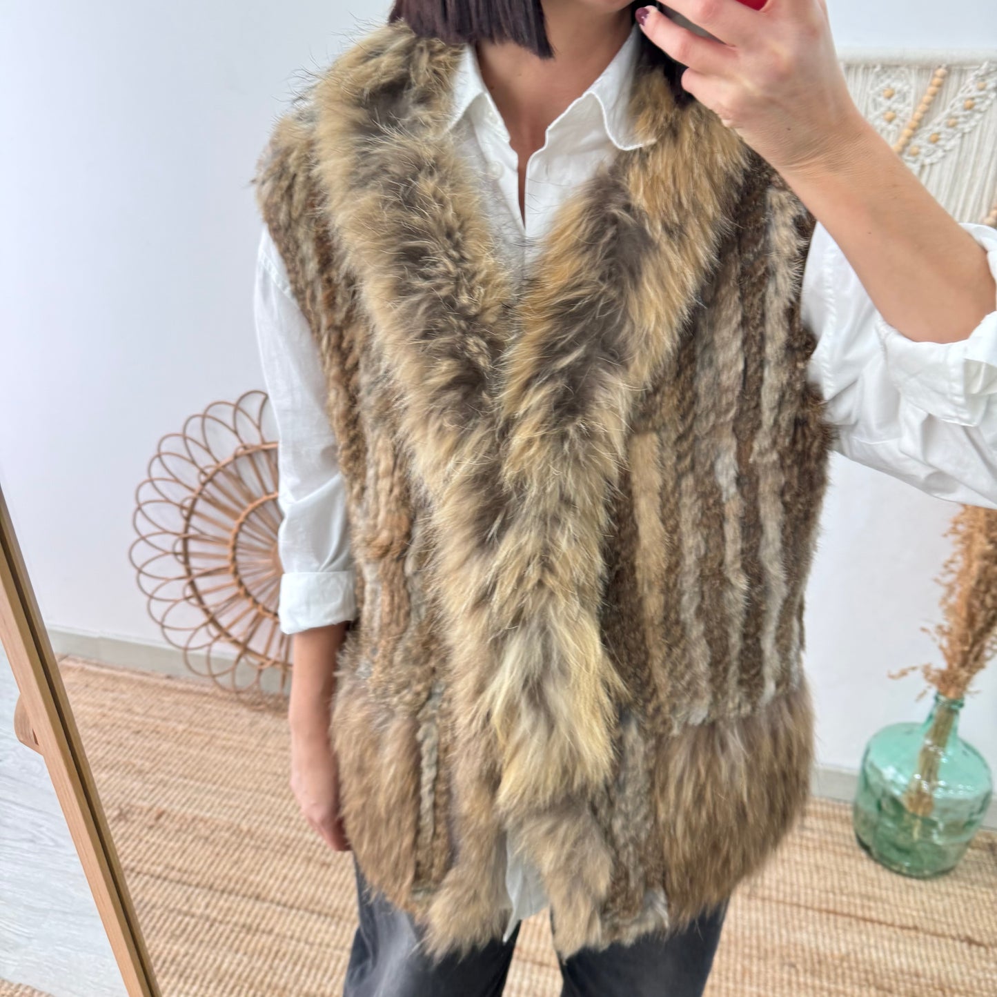 Chaleco de pelo natural beige y caramelo