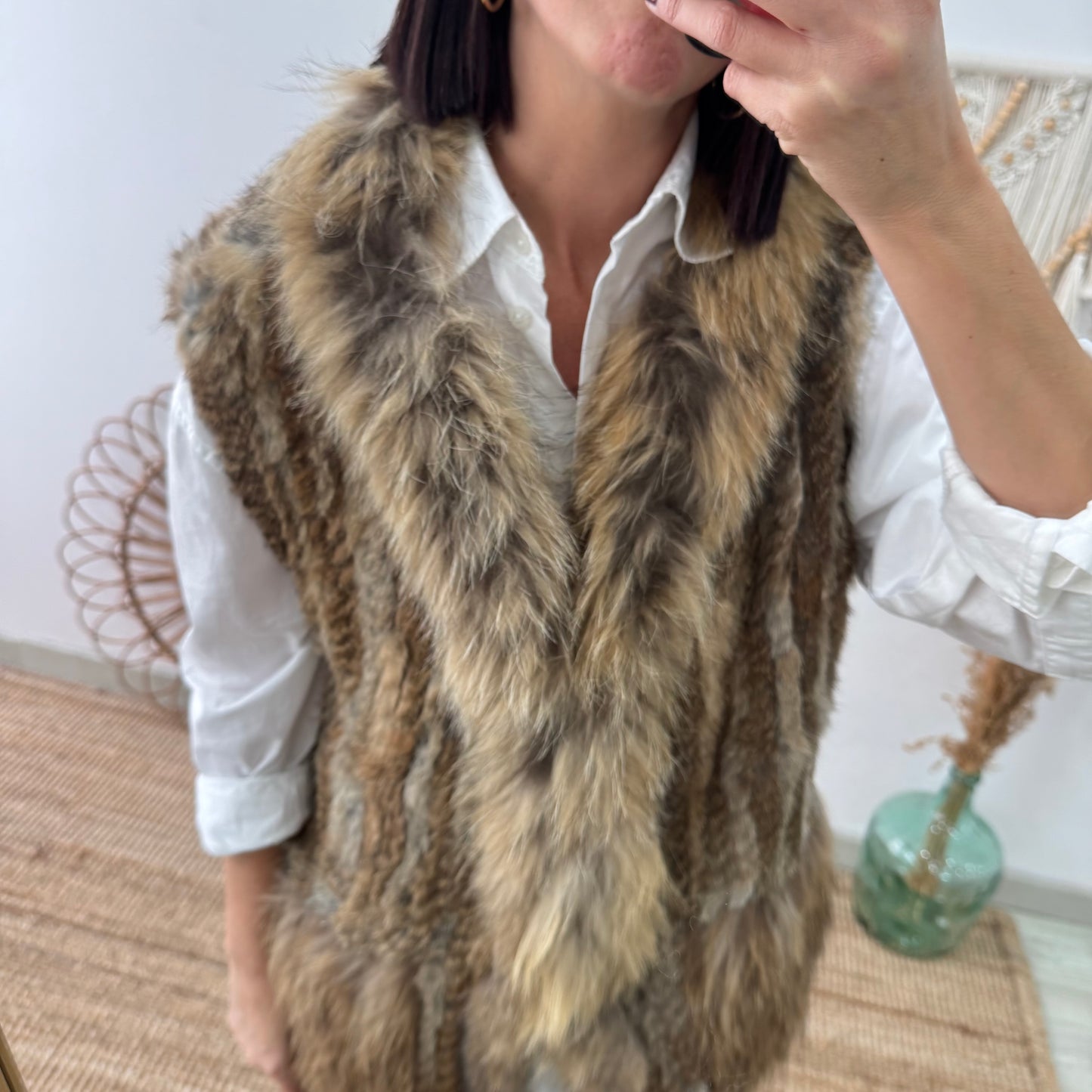 Chaleco de pelo natural beige y caramelo