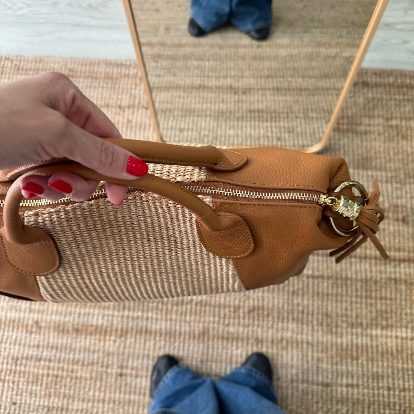 Bolso Bowling de rafia y Piel camel - Bubbleshopbcn