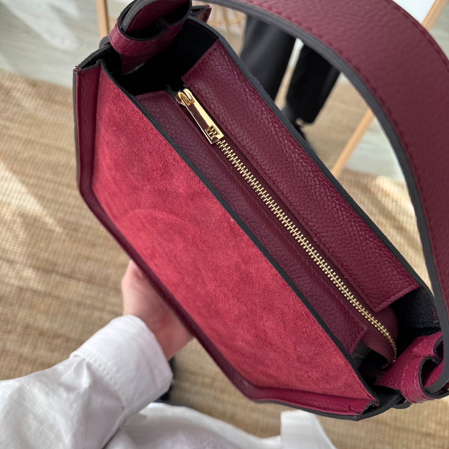 Bolso cuadrado serraje y piel granate - Bubbleshopbcn