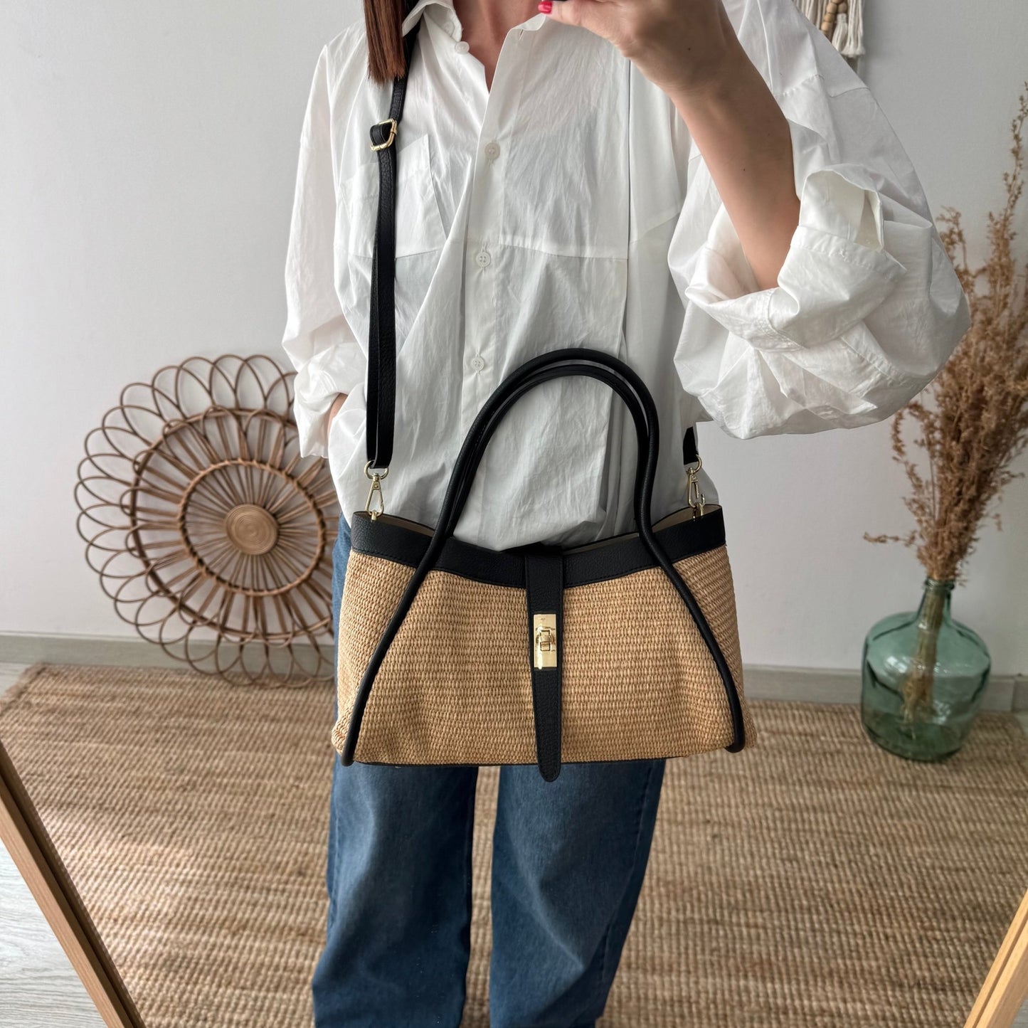 Bolso shopping piel y rafia negro mediano - Bubbleshopbcn
