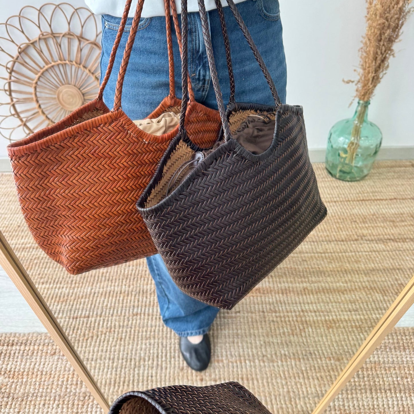 Capazo de piel trenzada camel - Bubbleshopbcn