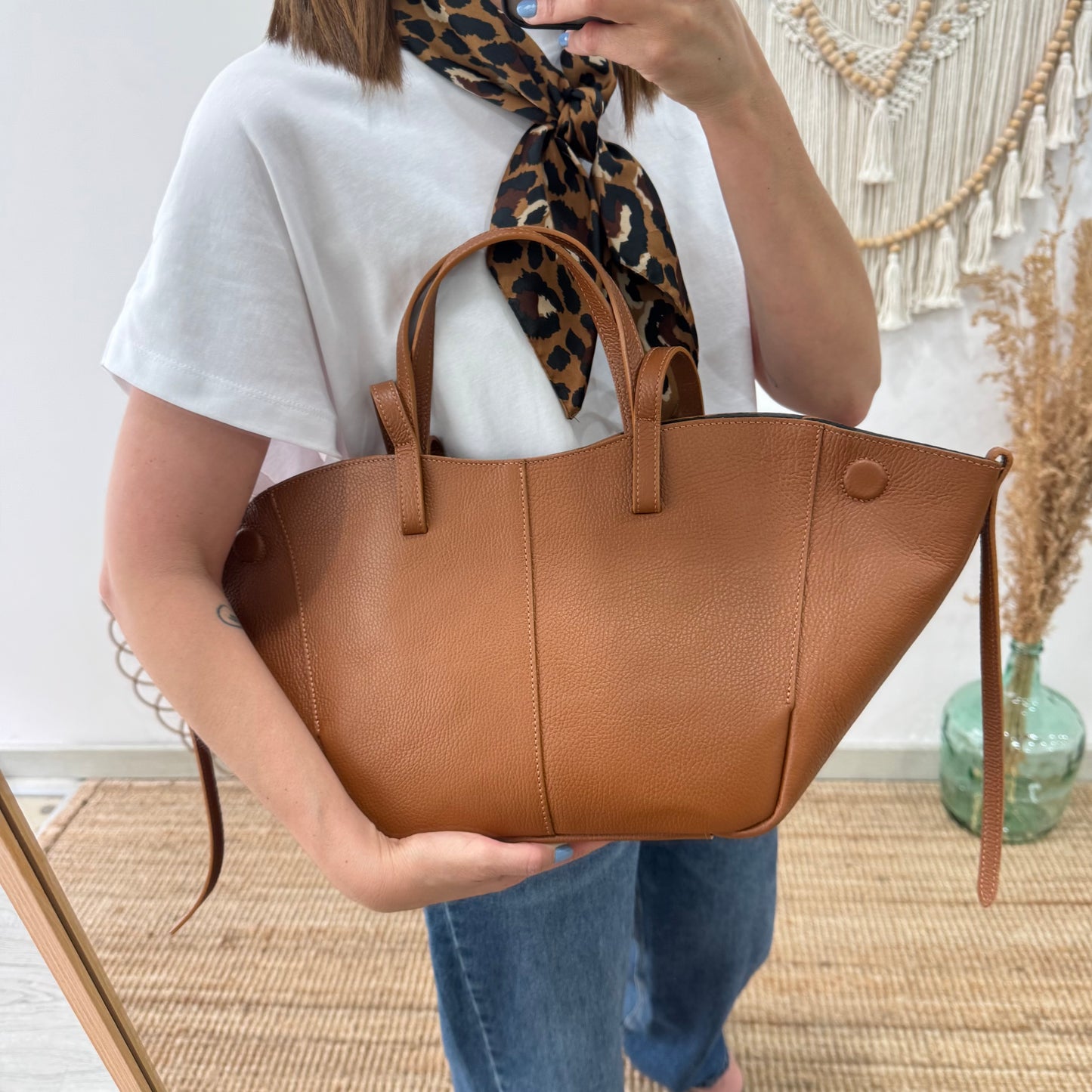 Bolso tote camel oscuro piel