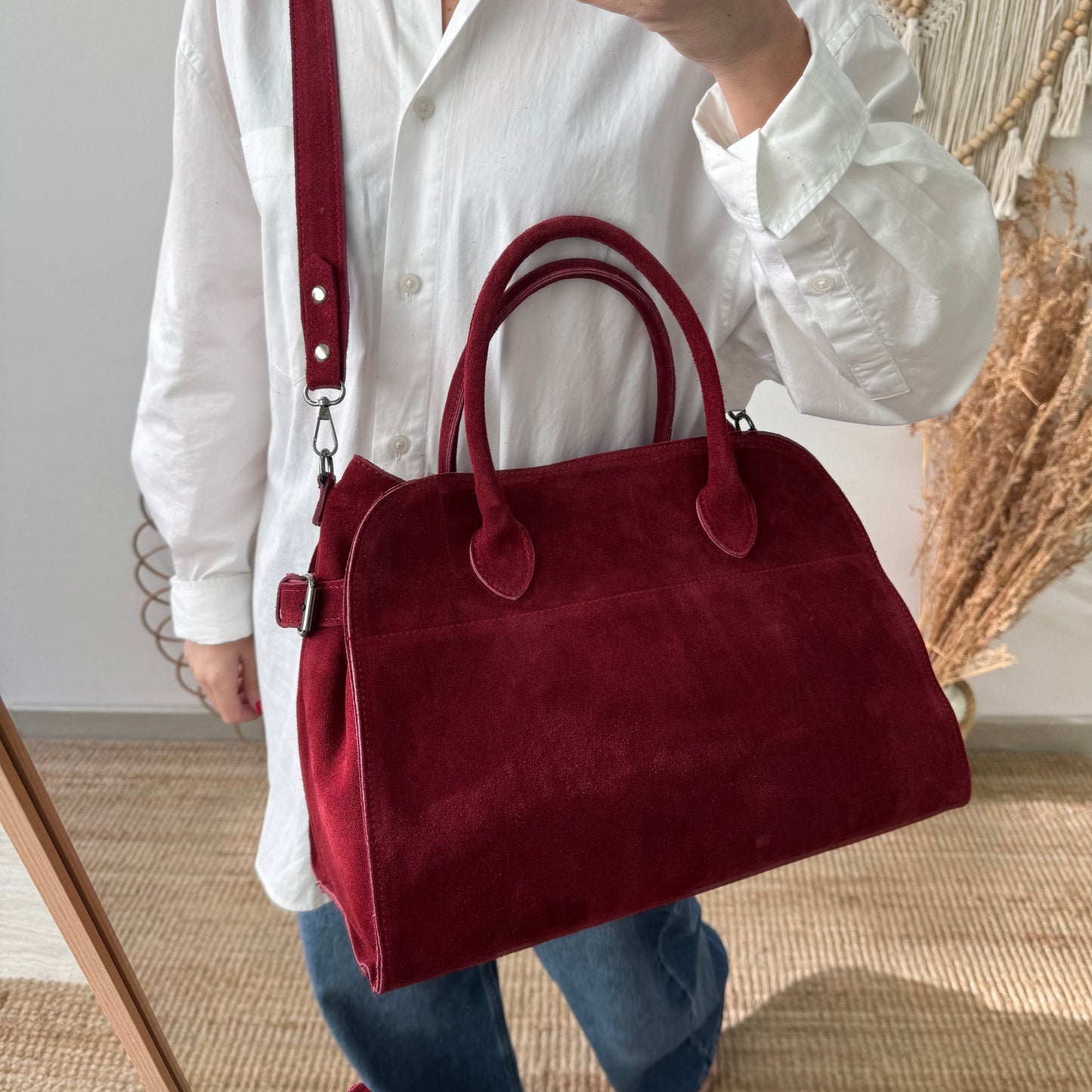 Bolso shopper hebillas serraje granate