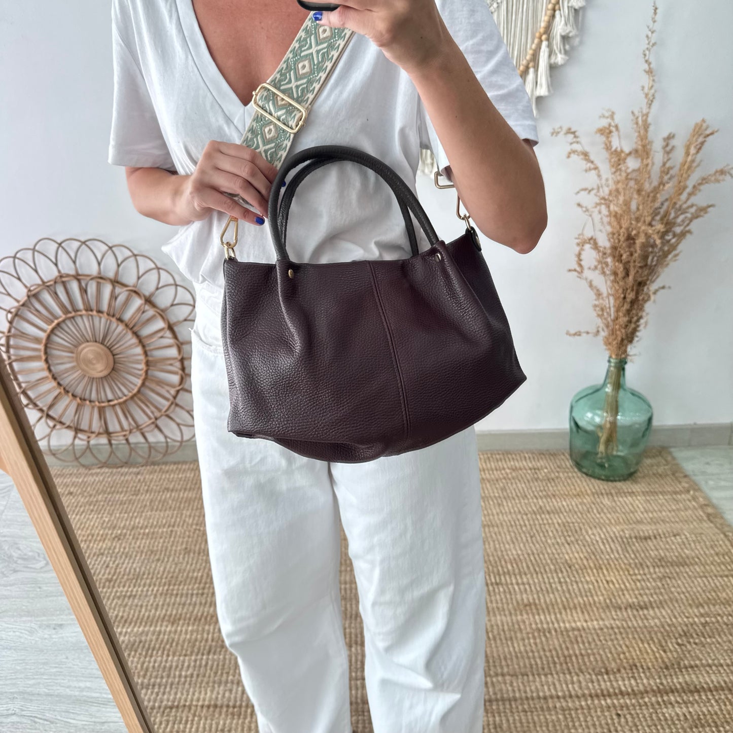 Bolso piel granate asas contraste marrón
