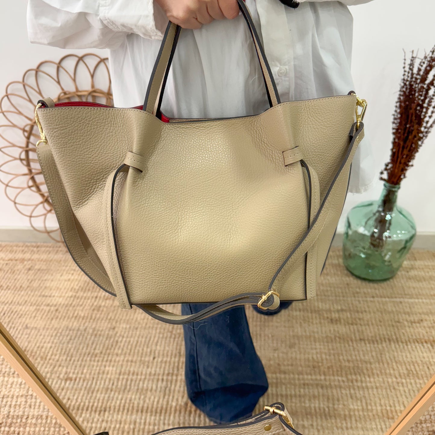 Bolso piel lazos taupe