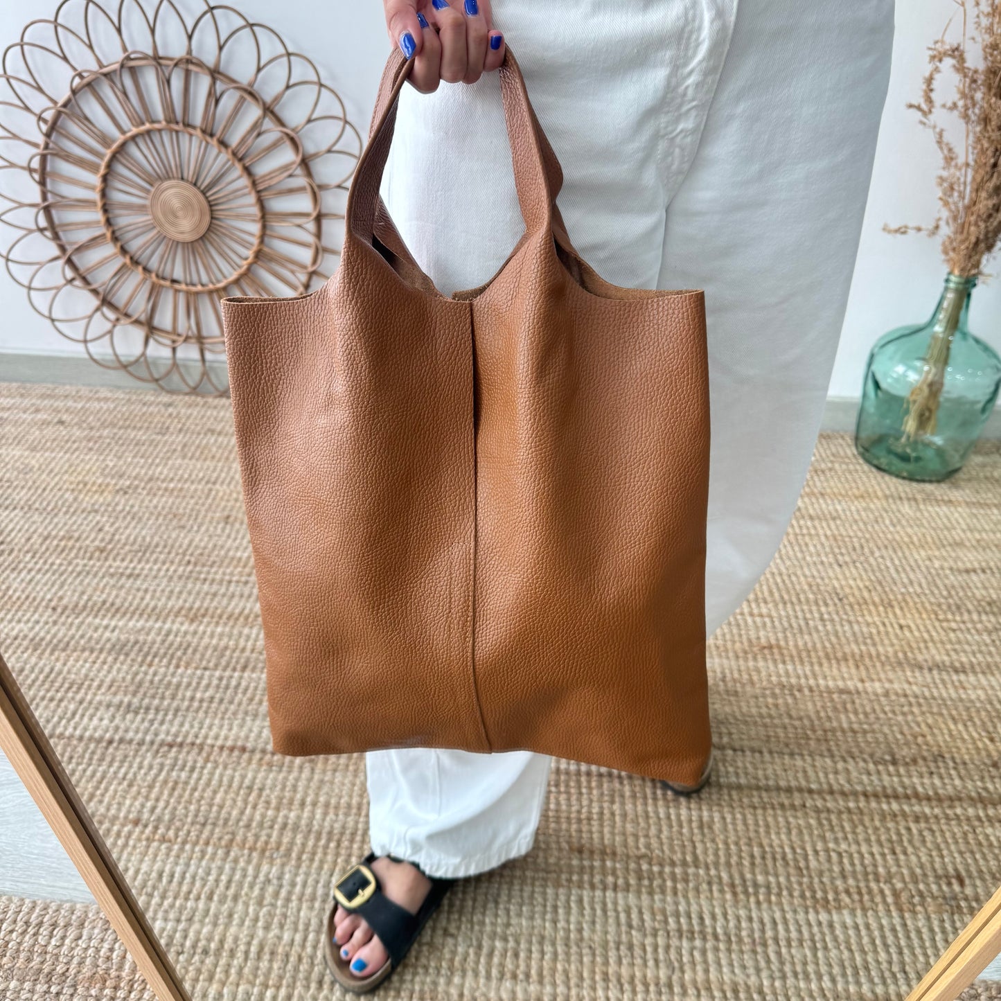 Bolso Tote piel camel con monedero