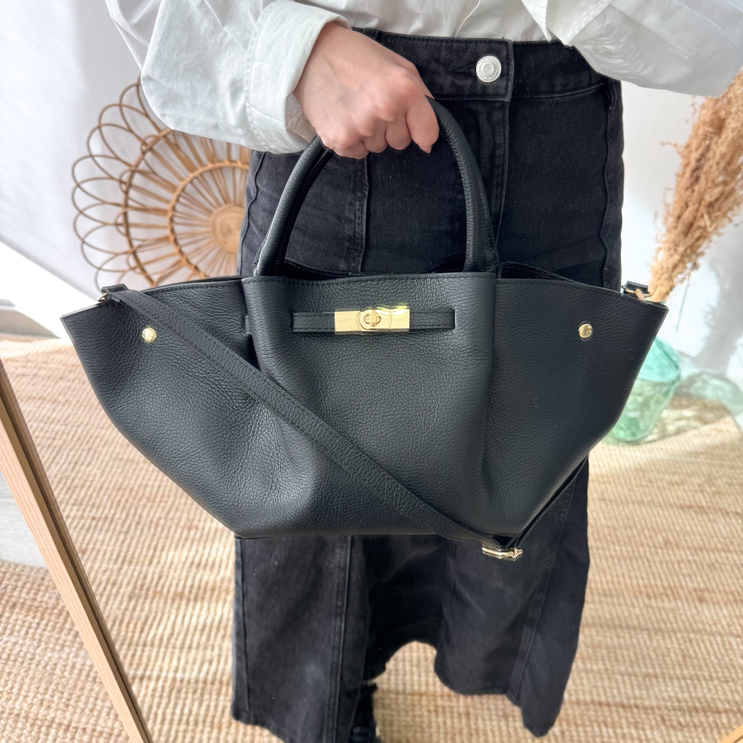Bolso tote cierre piel negro