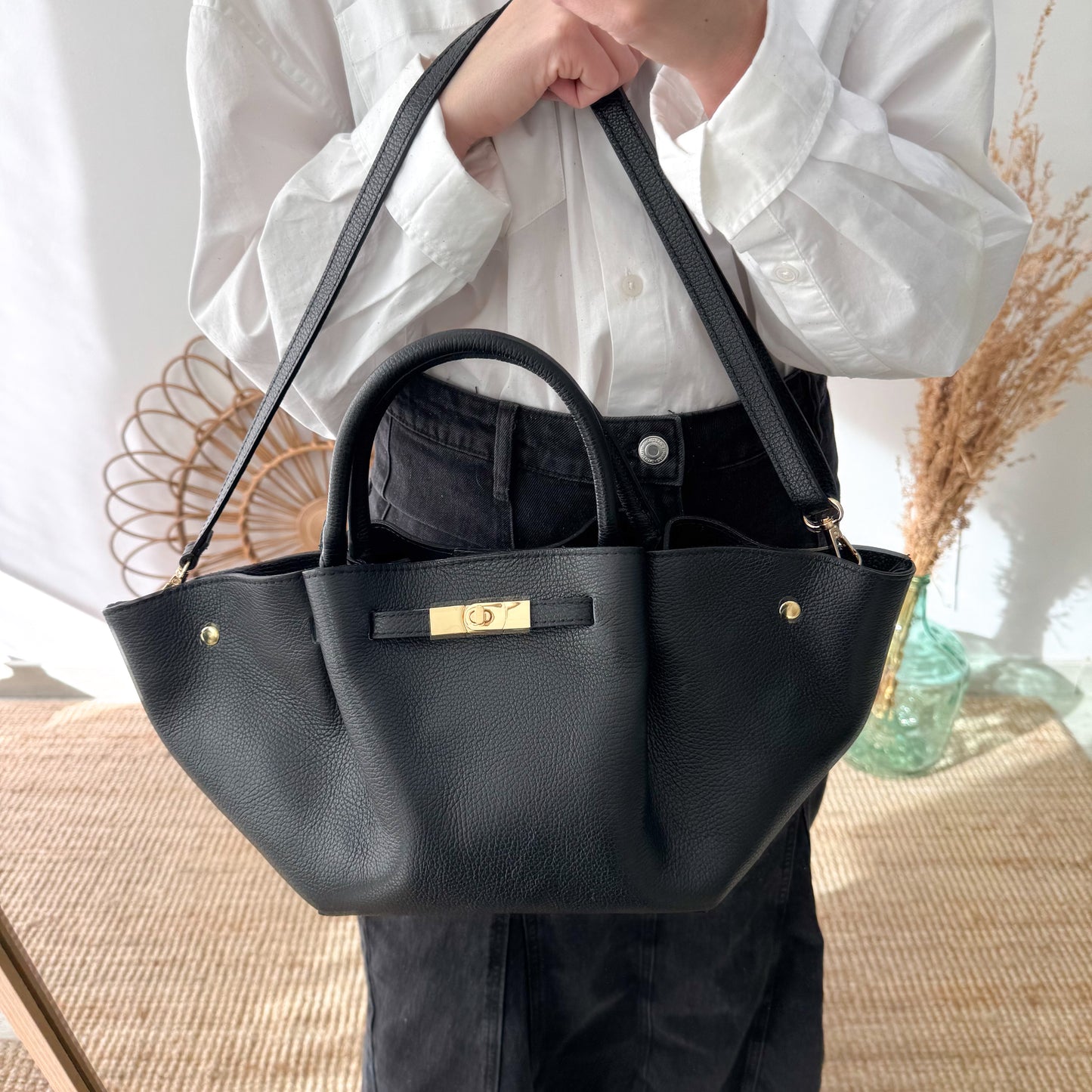 Bolso tote cierre piel negro