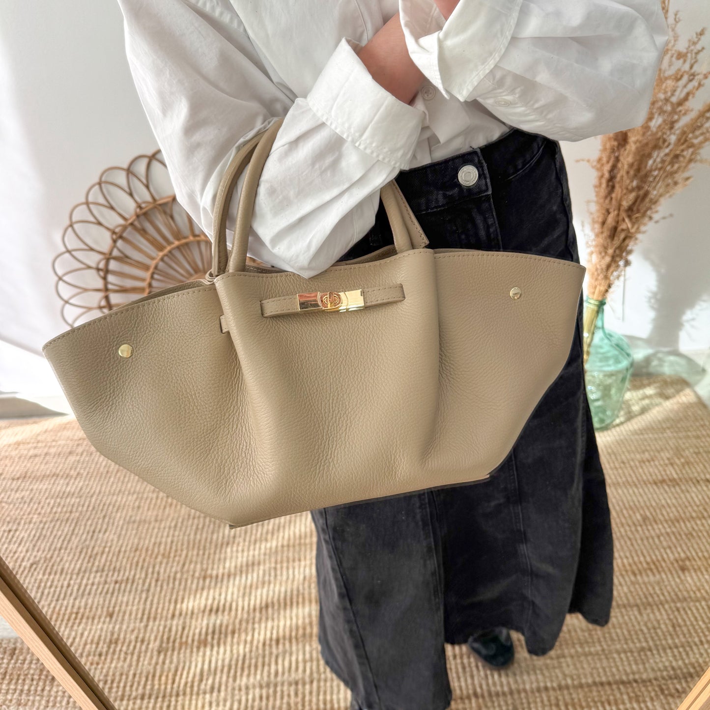 Bolso tote cierre piel taupe