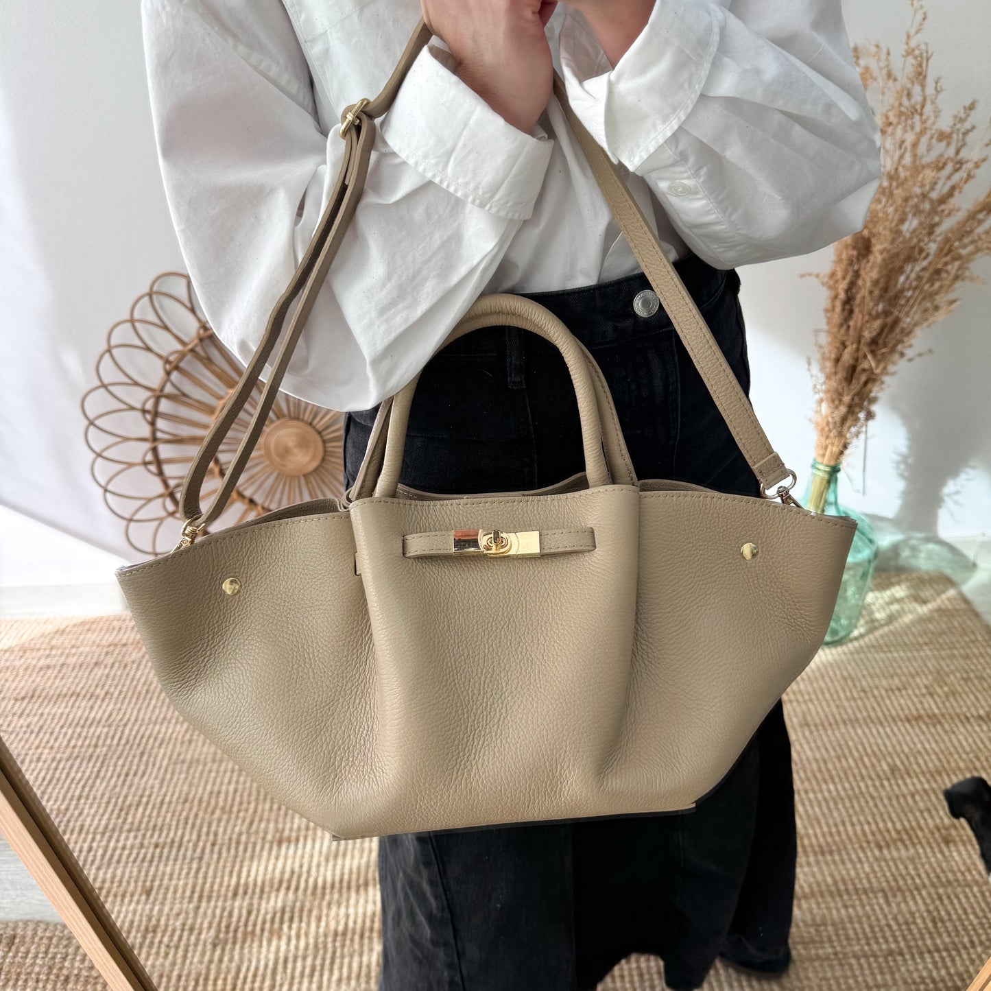 Bolso tote cierre piel taupe