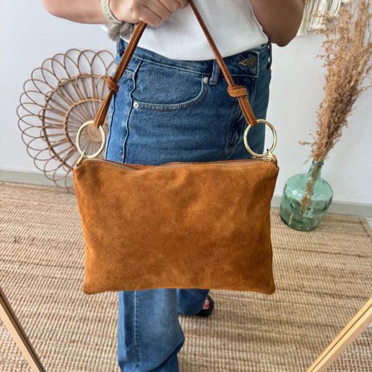 Bandolera serraje camel aros dorados personalizada