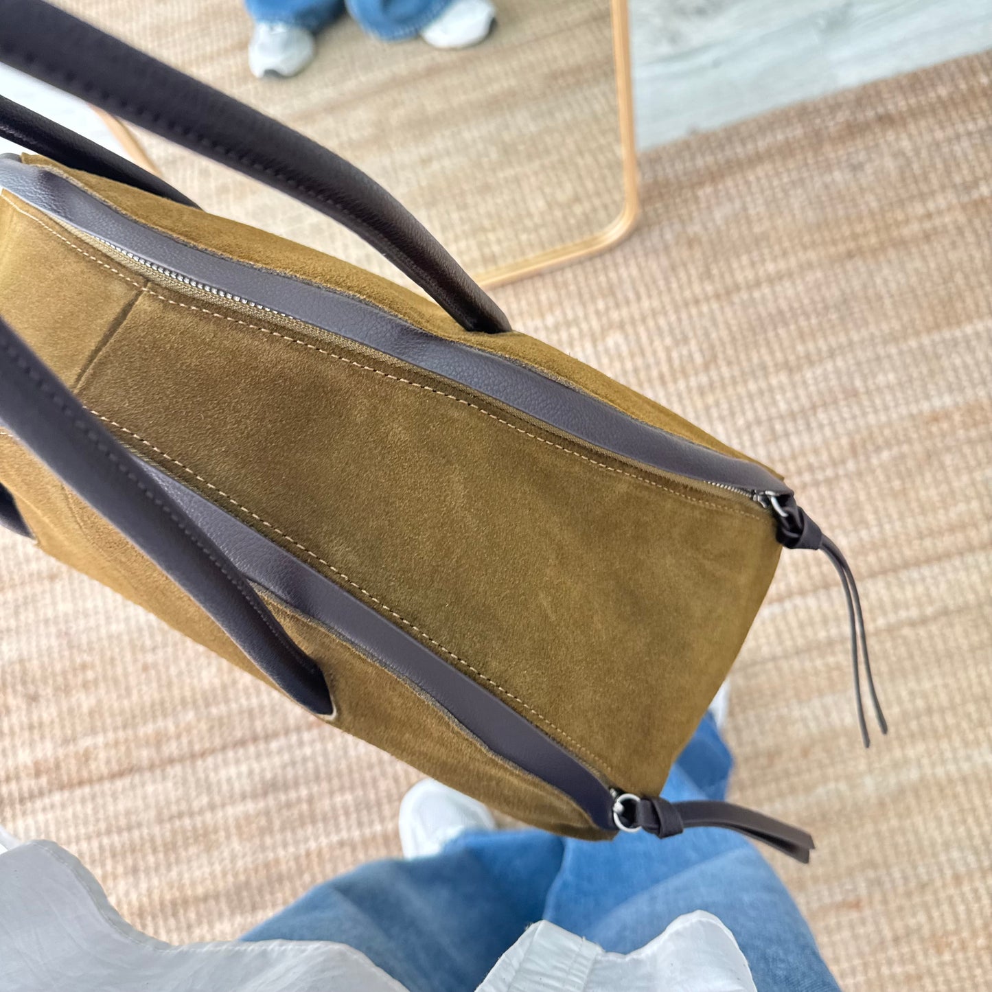 Bolso Bowling serraje y piel caqui