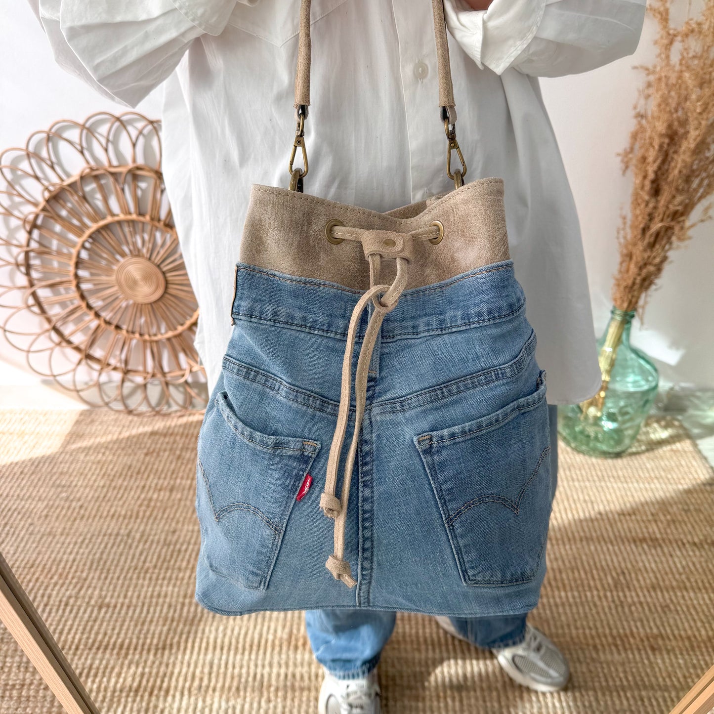 Bolso bombonera denim/piel taupe