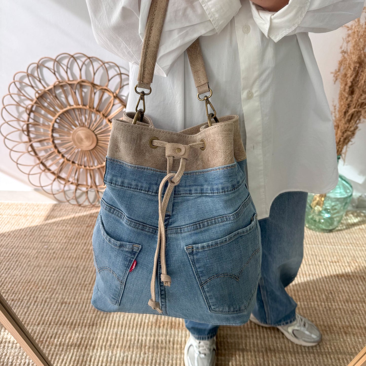 Bolso bombonera denim/piel taupe