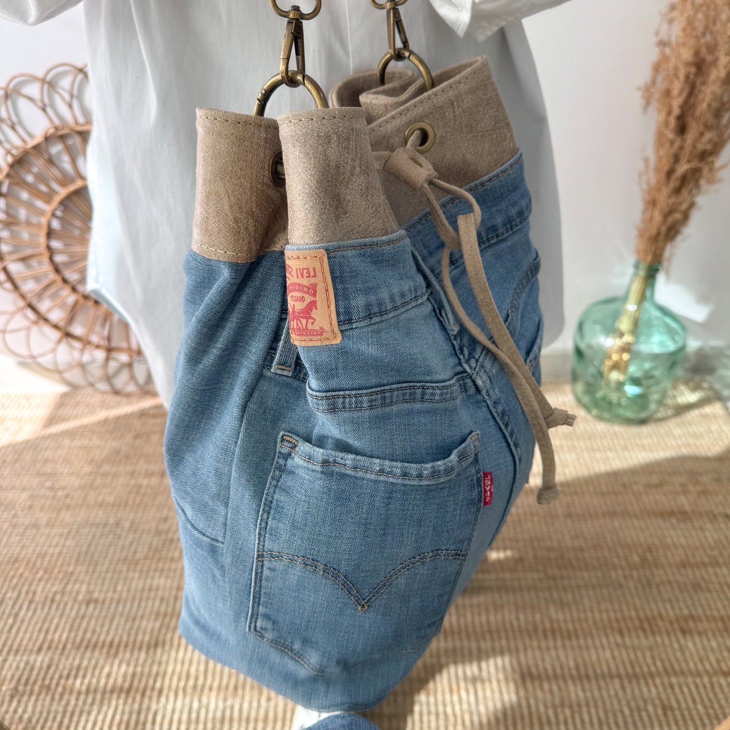 Bolso bombonera denim/piel taupe