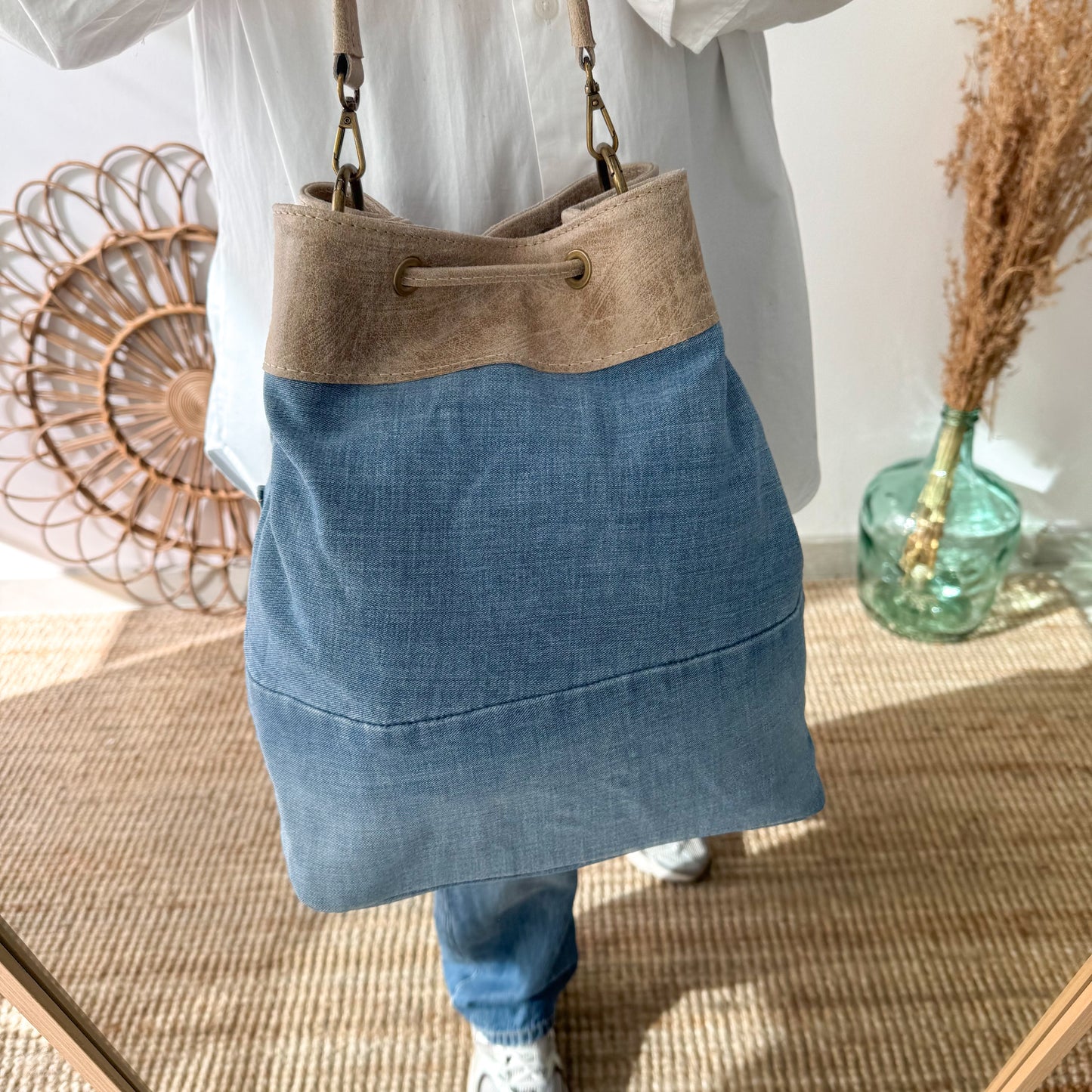 Bolso bombonera denim/piel taupe