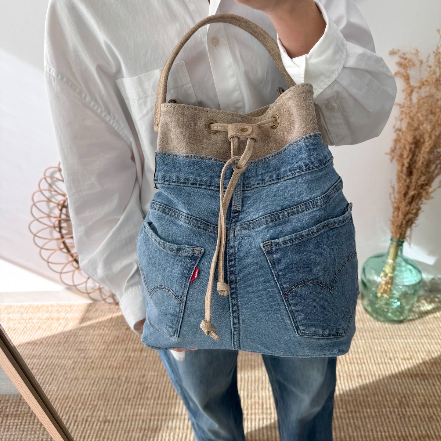 Bolso bombonera denim/piel taupe