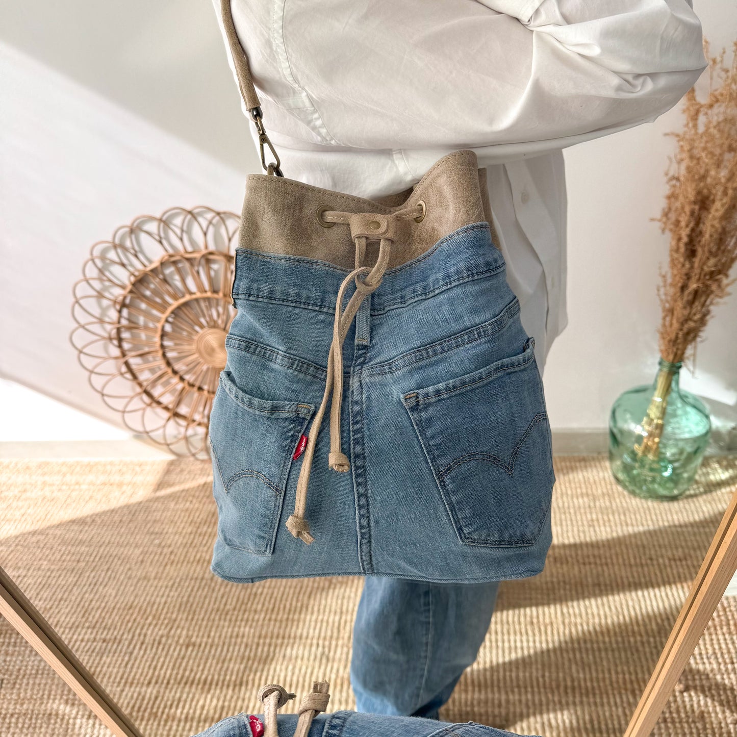 Bolso bombonera denim/piel taupe