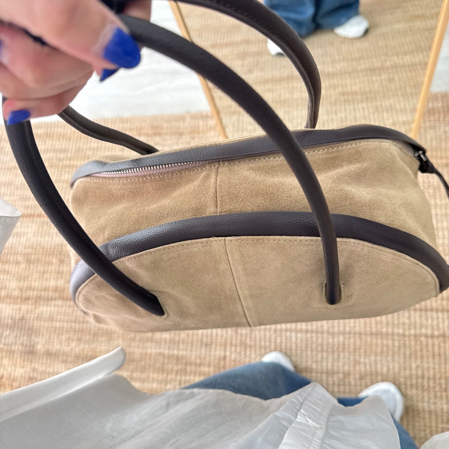 Bolso Bowling serraje y piel taupe claro