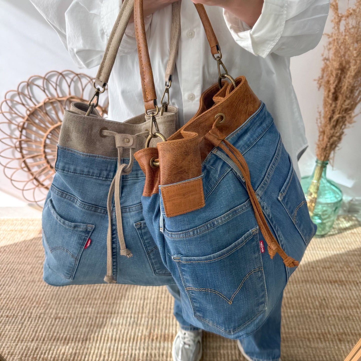 Bolso bombonera denim/piel taupe